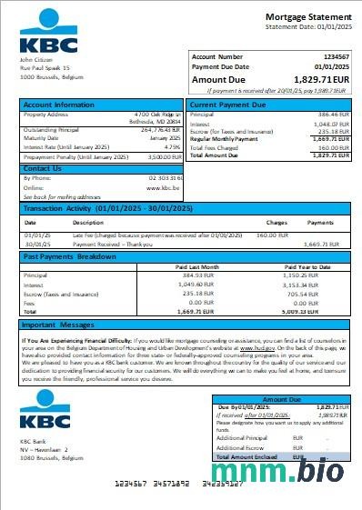 Belgia Bank KBC wyciąg z kredytu hipotecznego szablon Word i PDF